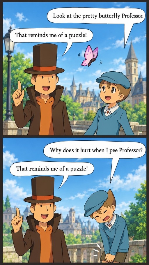 A two-panel anime-style comic featuring Professor Sycamore and Calem outdoors. The top panel shows them looking at a pink butterfly, while the bottom panel depicts Calem holding his crotch in discomfort as Sycamore gestures.