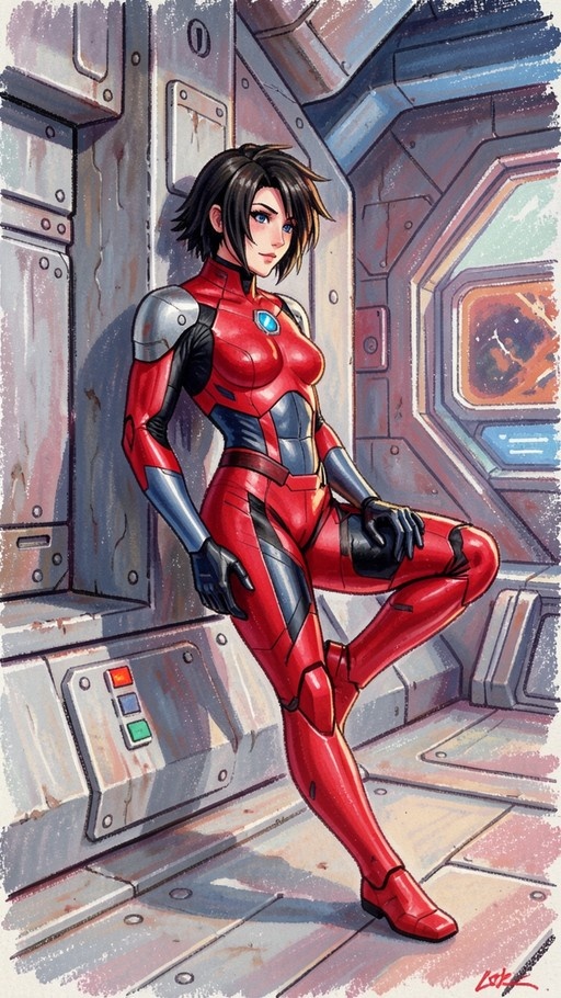 A woman with short black hair and blue eyes in a red bodysuit with silver armor leans against a wall in a spaceship corridor.