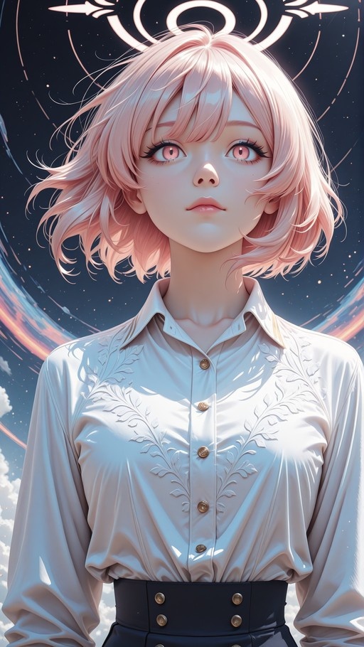 A portrait of Serina from Blue Archive with short pink hair and a halo, wearing a white button-up shirt against a starry sky.