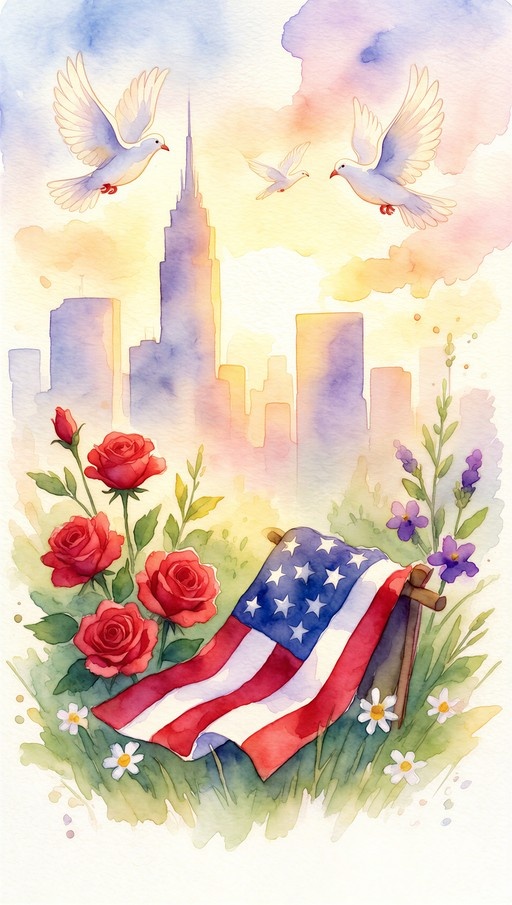 A watercolor painting of an American flag draped over a wooden cross in a field of red roses and daisies, with a city skyline and flying white doves in the background.