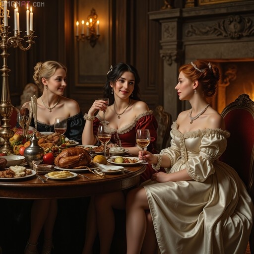 Three women in evening gowns sitting at a table with food and wine near a fireplace.