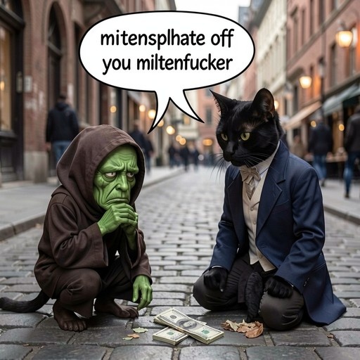 A formally dressed black cat in a blue suit stands on a cobblestone street next to a crouching green goblin wearing a brown hooded robe, with a speech bubble above the cat's head.