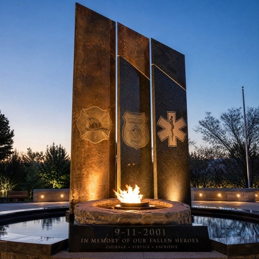 A vertical stone monument with three panels displaying firefighter, police, and paramedic symbols stands over a circular eternal flame basin inscribed "9-11-2001 In Memory of Our Fallen Heroes".