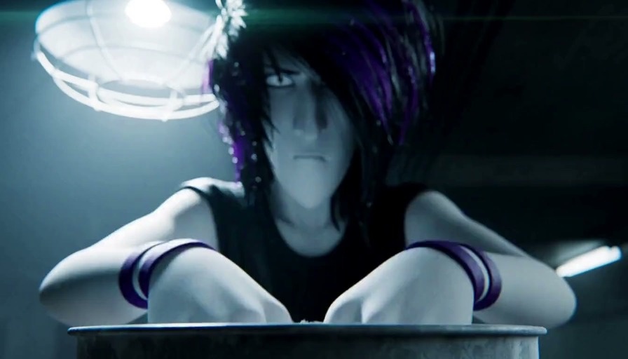 Emonad, an anime-style character with black and purple hair, trains intensely in a dimly lit basement gym using chalk, a heavy bag, and barbells.