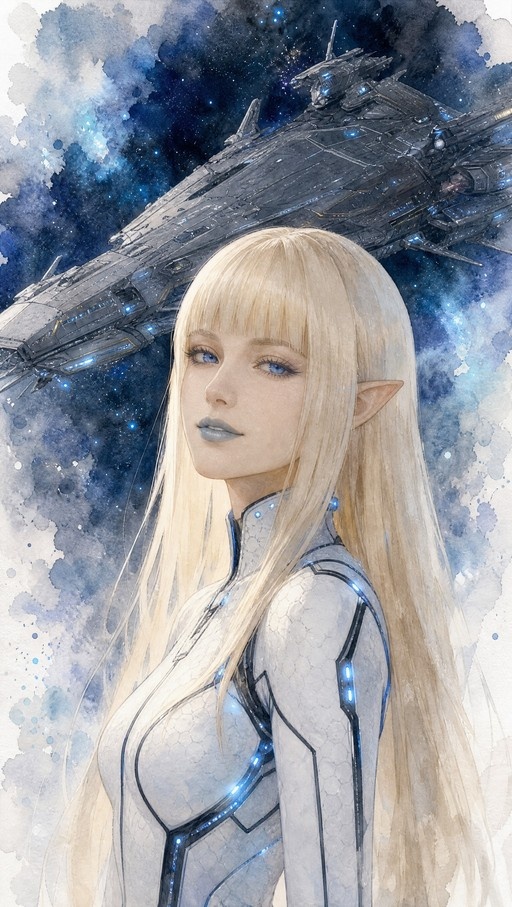 A blonde elf woman in a white bodysuit stands in front of a large spaceship in space.
