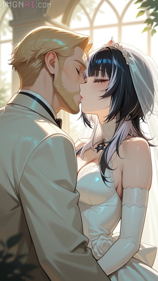 Shiori Novella in a white wedding dress and veil sharing a kiss with her groom.