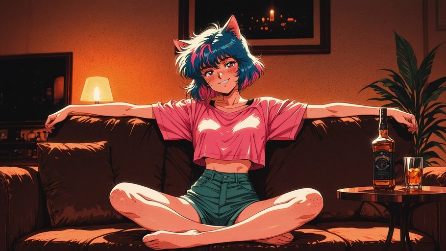 A blue-haired cat-girl in a pink crop top and green shorts sits on a couch with arms outstretched, smiling next to a whiskey bottle.