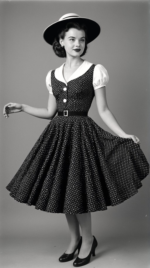 Woman in vintage polka dot dress holding her skirt