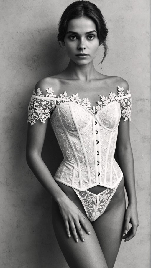 A black and white photograph of a woman wearing a detailed white lace corset and matching panties, standing against a plain wall and looking at the camera.