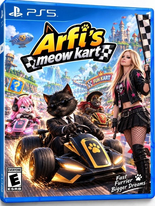 A colorful video game cover for 'Arfi's Meow Kart' showing anthropomorphic cats racing in karts on a track with floating islands, while a woman in punk attire holds a checkered flag.
