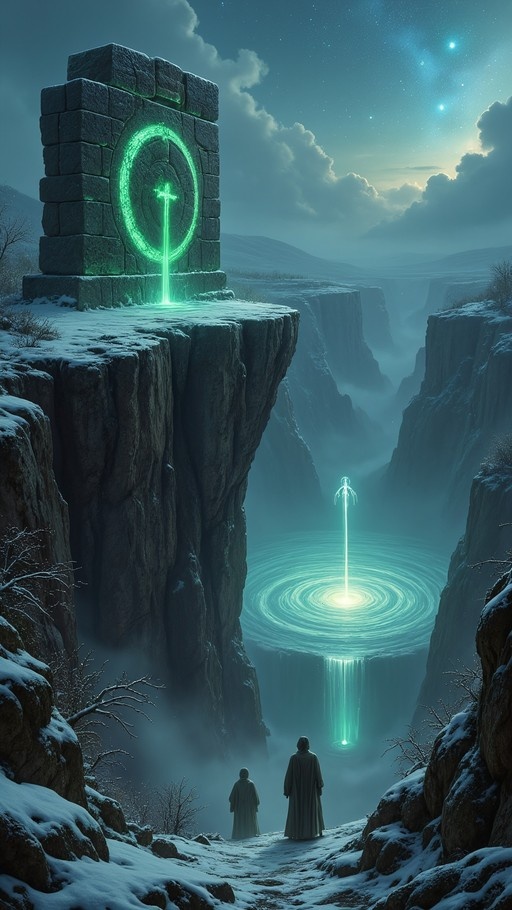 Two hooded figures stand on a snowy cliff overlooking a deep canyon with a glowing green stone monument and a magical beam of light rising from a pool below.