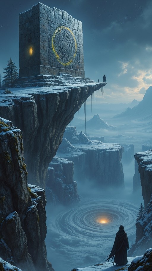 A hooded figure in a black cloak stands on a snow-covered cliff edge looking down at a swirling vortex of light in the distance, with a large stone monolith featuring a golden spiral nearby.