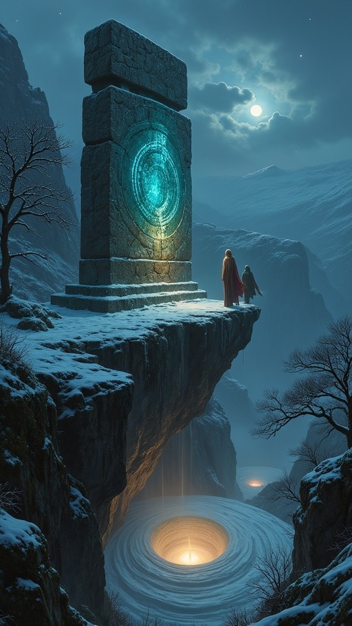 Two cloaked figures stand on a snowy cliff edge facing a large stone monolith with a glowing blue circular portal, overlooking a misty chasm under a full moon.