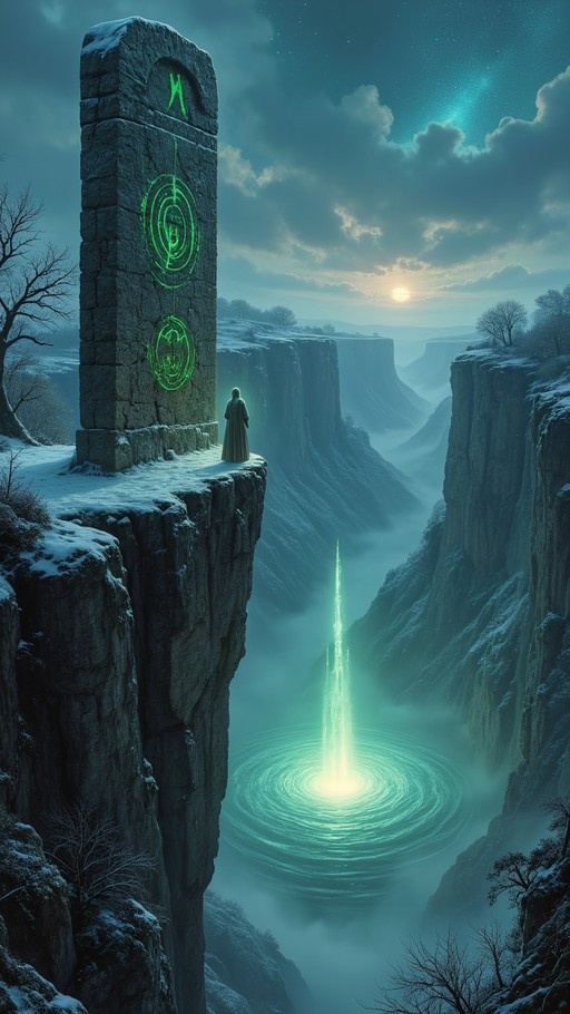 A hooded figure stands on a snowy cliff next to a stone pillar with glowing green runes, overlooking a deep canyon where a beam of light shoots up from a swirling pool.