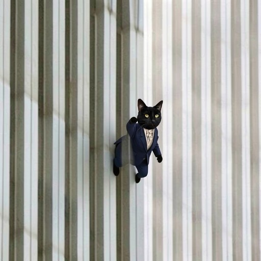 A black cat in a blue suit and bowtie hanging from the side of a building with vertical lines.