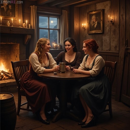 Three smiling women in historical dresses sitting at a round table near a fireplace with a full moon visible through the window.