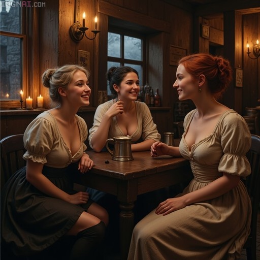 Three smiling women in period dresses sit at a wooden table in a dimly lit tavern, chatting and holding pewter mugs under candlelight.