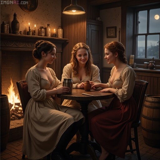Three women in period dresses sitting at a table by a fireplace in an old pub with a full moon visible through the window.