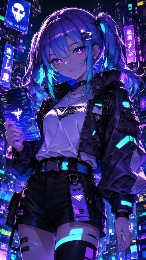A blue-haired anime girl in a black jacket and shorts holds a glowing tablet against a backdrop of neon-lit skyscrapers at night.