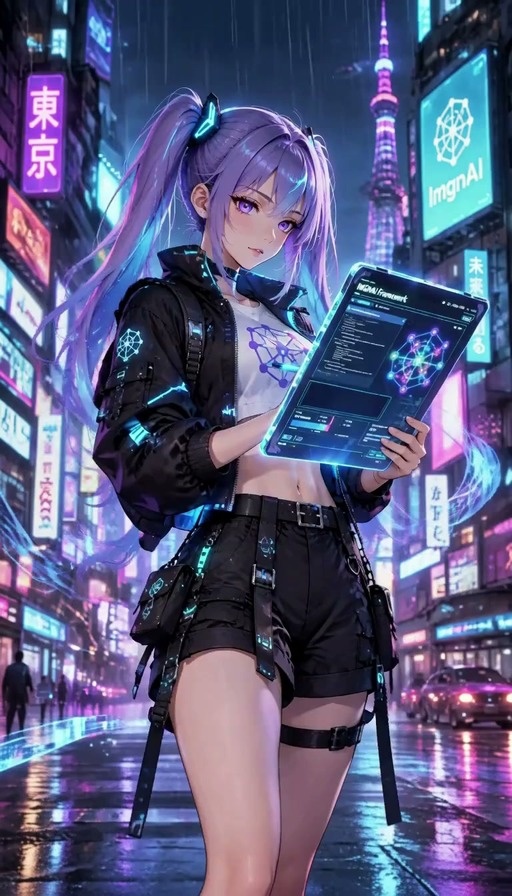 An anime-style girl with purple twintails stands in a rainy neon city holding a glowing tablet.