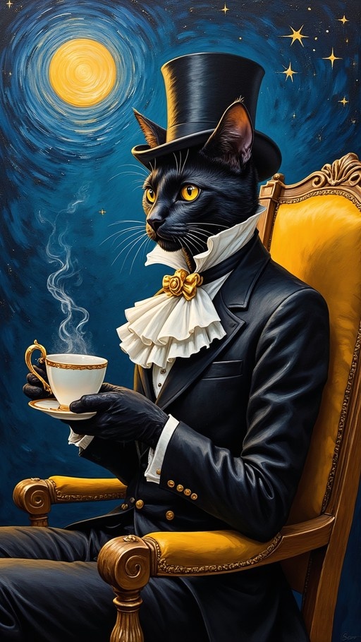 Anthropomorphic black cat in a formal suit and top hat holding a steaming teacup against a swirling blue starry sky.