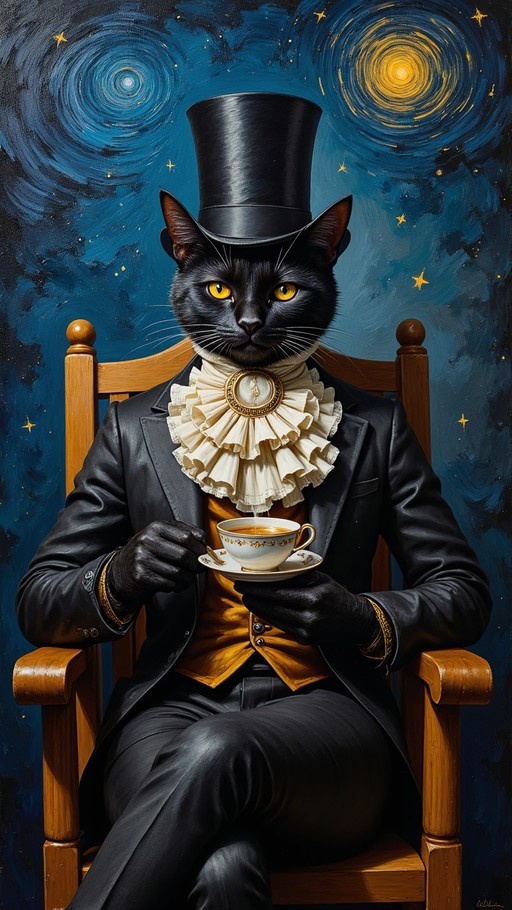 Anthropomorphic black cat in a top hat and suit holding a teacup against a swirling blue starry sky.
