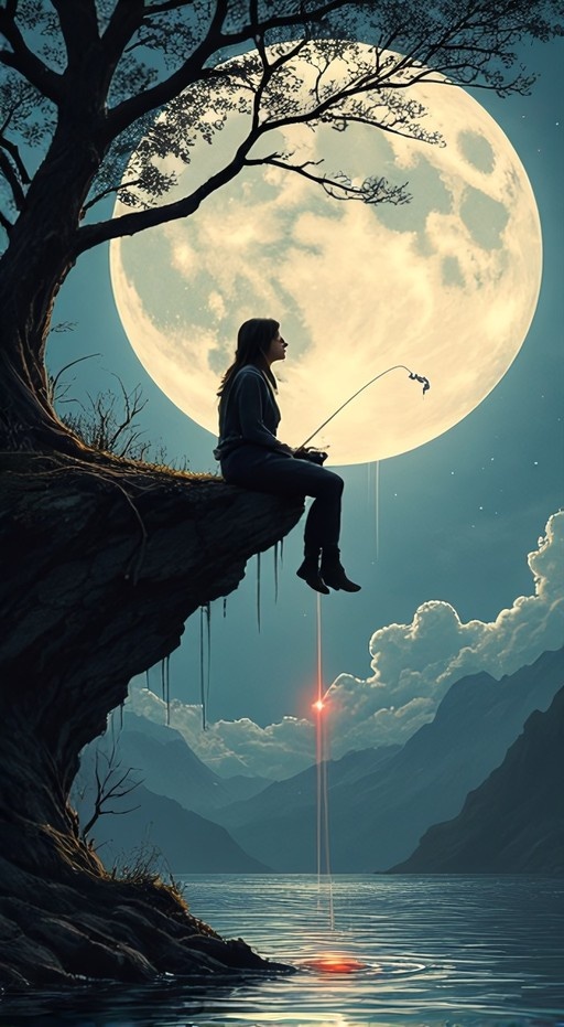 A boy sits on a rocky ledge under a large tree, fishing into a lake with a glowing lure beneath a massive full moon and mountain backdrop.