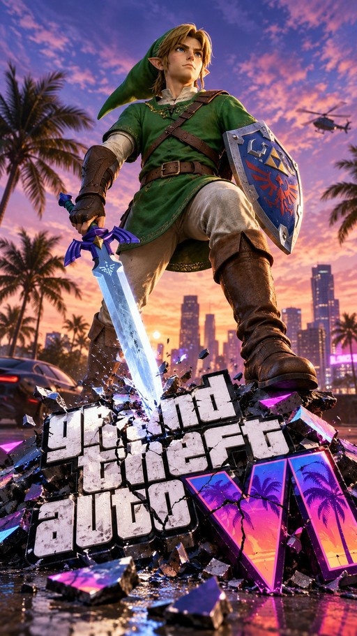 Link from The Legend of Zelda stands on a broken Grand Theft Auto VI sign holding his sword and shield against a purple sunset.