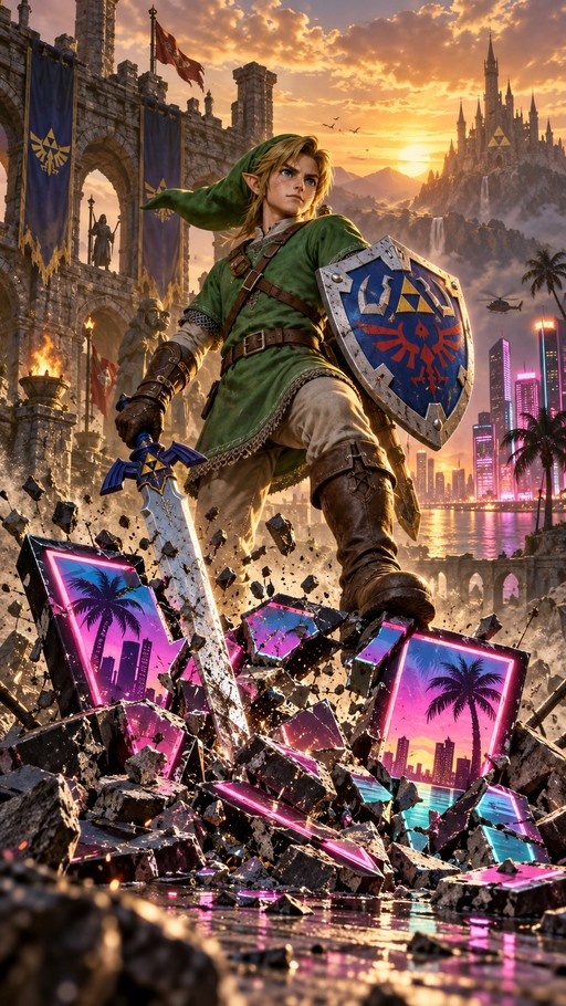 Link from The Legend of Zelda stands on rubble holding the Master Sword and Hylian Shield, with ancient castle ruins and a neon cityscape in the background at sunset.