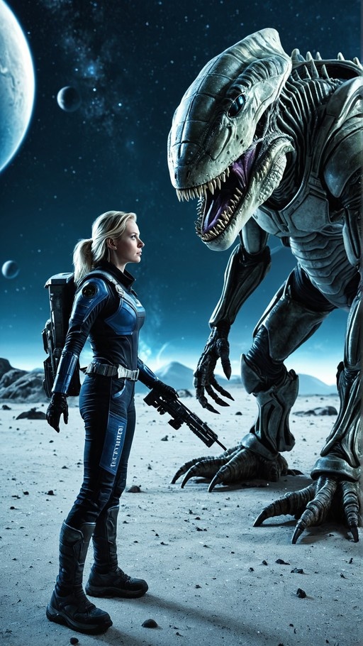 A blonde woman in a blue bodysuit holding a rifle stands on an alien planet facing a large grey reptilian monster under a starry sky with planets visible in the background.