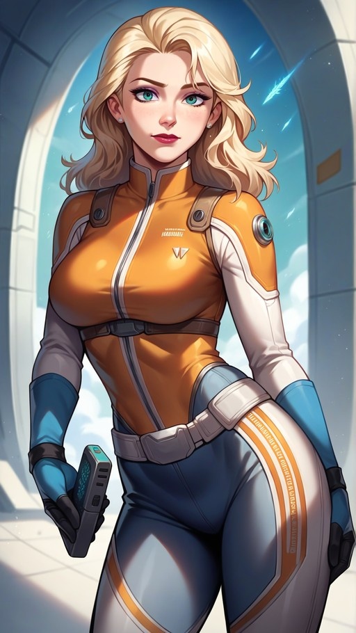 A blonde woman in a futuristic orange and blue bodysuit stands before an arched window holding a device.