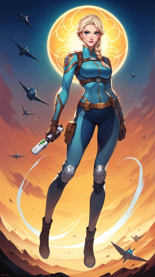 A full-body illustration of Elsa from Frozen wearing a futuristic blue bodysuit with brown leather accents, floating in the sky while holding a white remote control, surrounded by flying spacecraft against a large glowing orange sun.