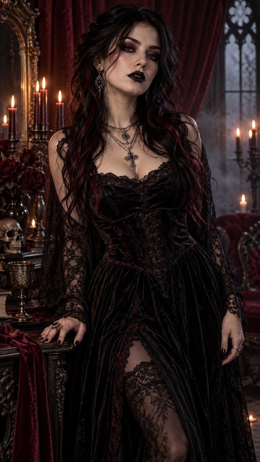 A gothic woman with red-streaked black hair and black lipstick wearing a black lace dress stands in a candlelit room with a skull and roses.