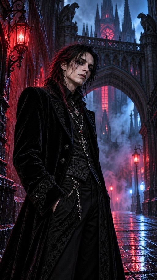 A young man with dark hair and red highlights stands in a long black coat under a red streetlamp, facing forward with a gothic cathedral archway behind him.
