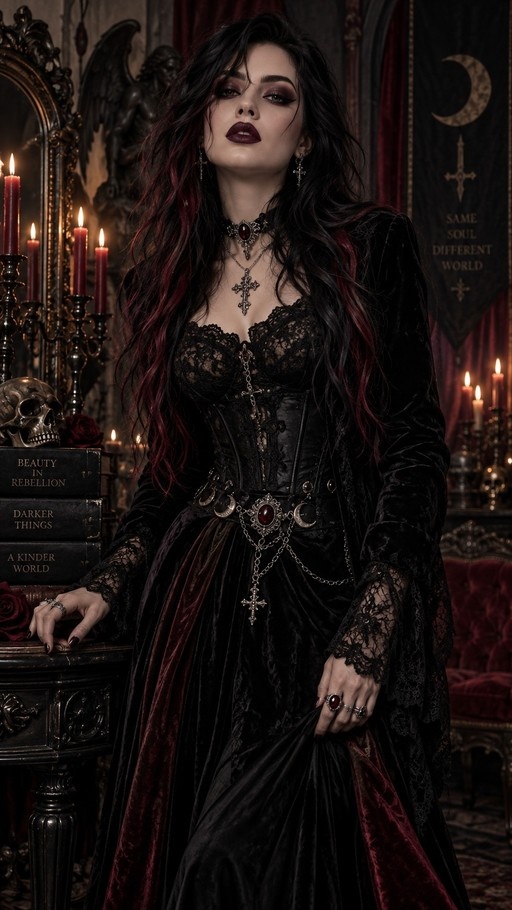 A woman with long black and red hair wearing a black velvet gothic dress and lace corset stands next to a table with candles and a skull.