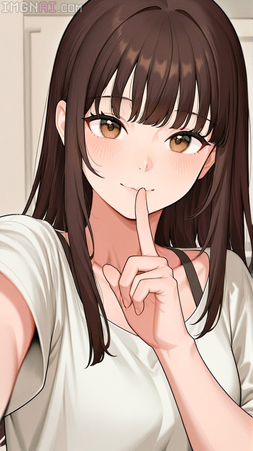 A close-up digital illustration of a blushing anime girl with long brown hair and bangs, wearing a white t-shirt, holding her index finger vertically against her lips in a shushing gesture while looking directly at the viewer.
