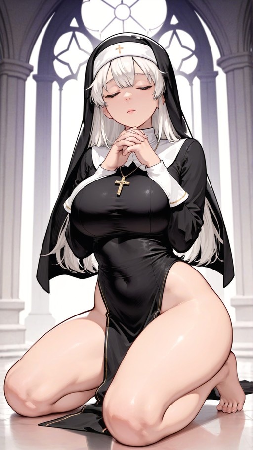 A white-haired anime nun kneels in prayer inside a church with arched windows, wearing a black habit and gold cross necklace.