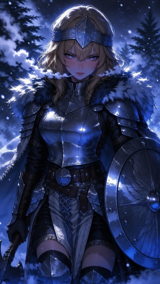 A blonde woman in detailed silver armor with a fur-lined cape stands in the snow at night, holding a large round shield and an axe while looking directly forward.