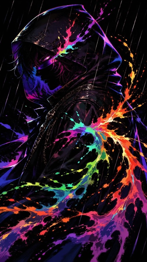 A hooded figure in profile with a glowing eye, surrounded by colorful neon paint splashes and rain against a black background.