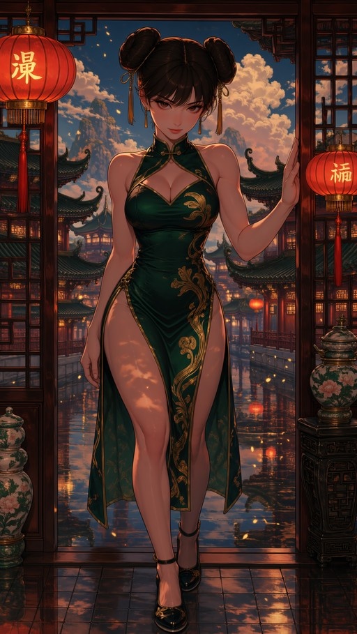 Chun-Li in a green qipao standing in a doorway with traditional Chinese buildings and red lanterns in the background.