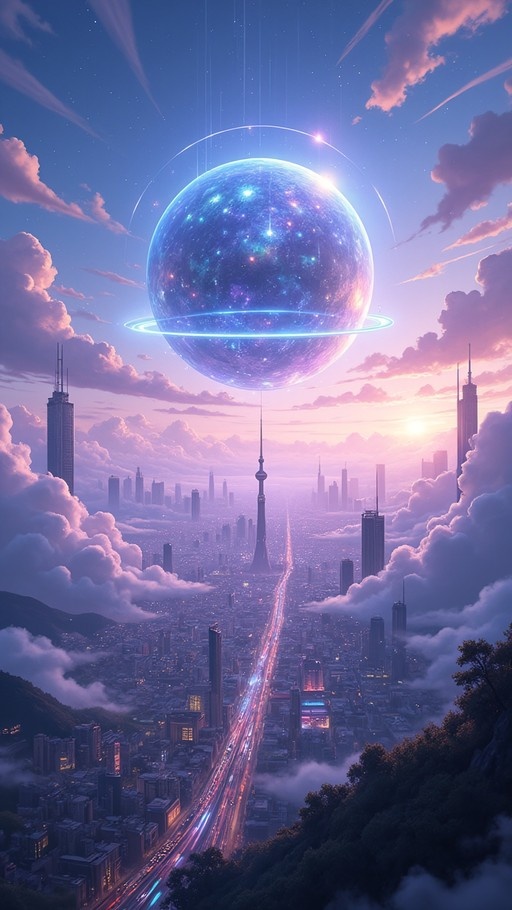 A massive blue ringed planet floats above a sprawling futuristic city at dusk, with light trails from traffic and pink clouds in the sky.