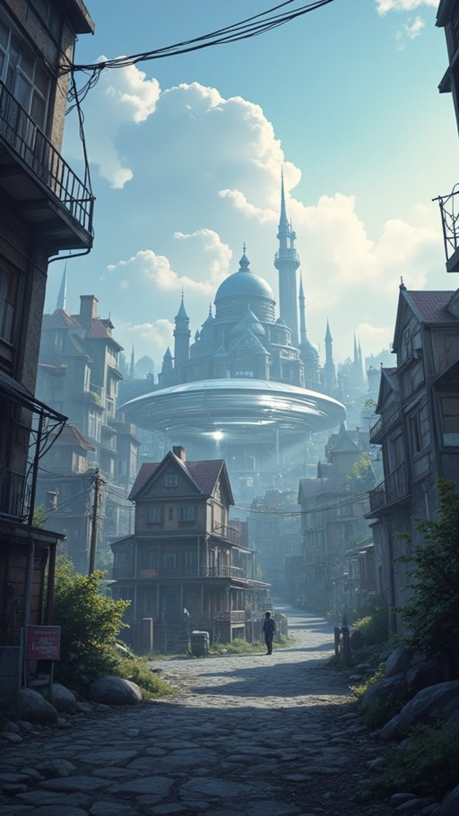 A silver UFO hovers over a historic town with a domed building, viewed from a cobblestone street where a person walks away.