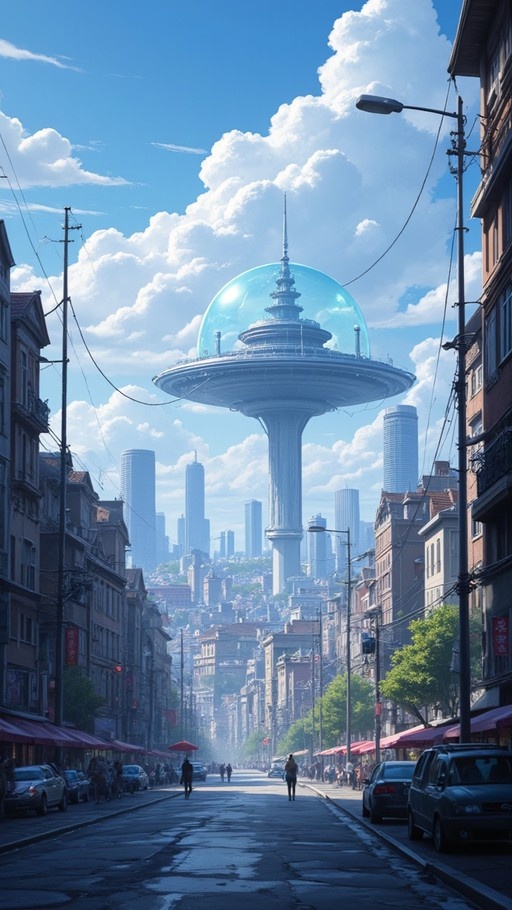 A view down a city street towards a large futuristic tower with a blue glass dome on top, surrounded by other skyscrapers under a cloudy blue sky.
