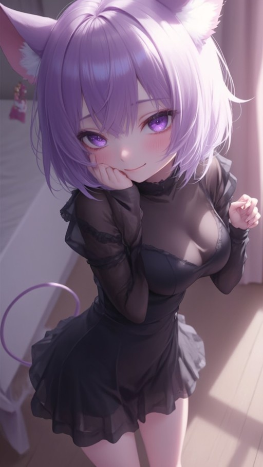 Nekomata Okayu with short purple hair and cat ears wearing a black dress and blushing while resting her chin on her hand.