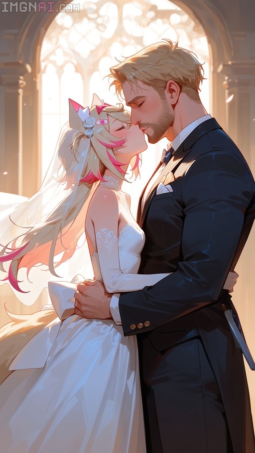 Digital illustration of Hololive VTuber Mococo Abyssgard in a white wedding dress sharing a kiss with her groom inside a sunlit cathedral.