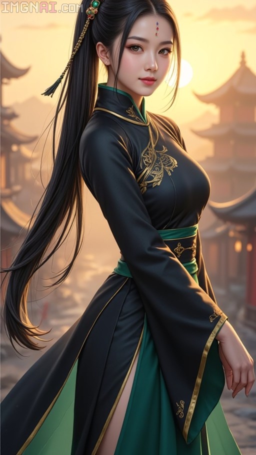 Anime illustration of a Chinese cultivation heroine in a black and green warrior robe with gold embroidery, standing against a sunset backdrop with traditional architecture.