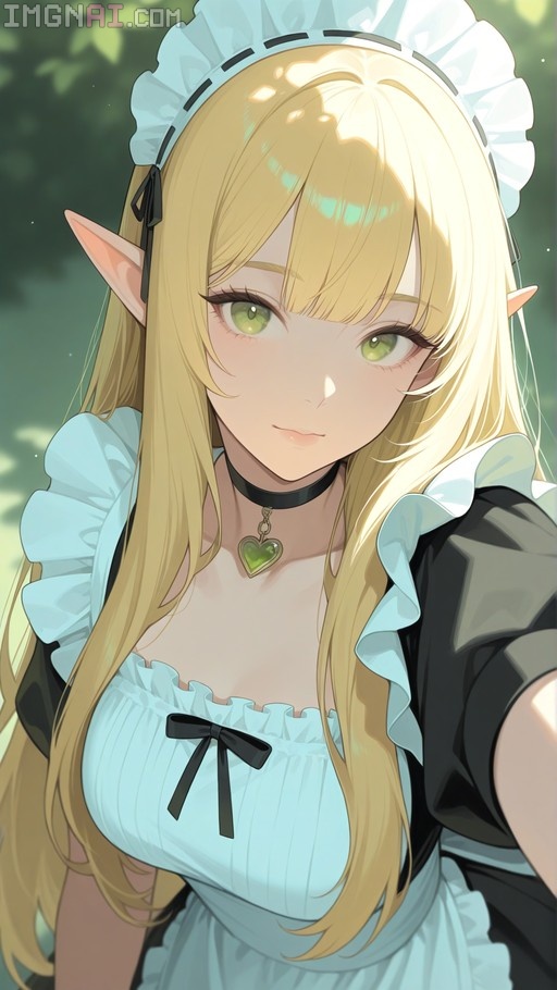 A digital illustration of a blonde elf girl with green eyes wearing a white maid headdress and a light blue frilly dress, smiling at the viewer.