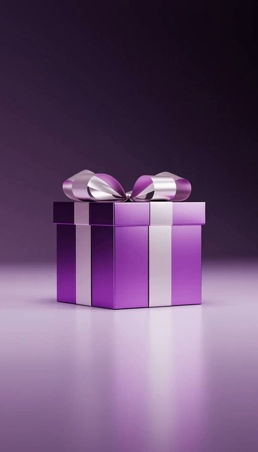 A shiny purple gift box with silver ribbons opens to release confetti and floating balloons under a neon heart.