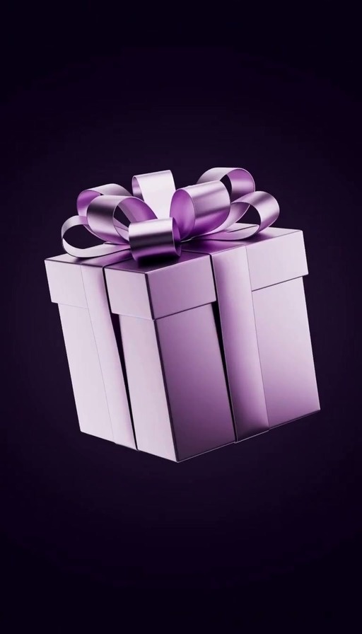 A shiny purple gift box floats and opens to release a cloud of sparkling particles and glowing hearts against a dark background.