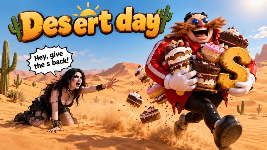 Dr. Eggman runs through a sandy desert holding cakes and a large golden letter S while a goth girl crawls in the sand reaching for it.